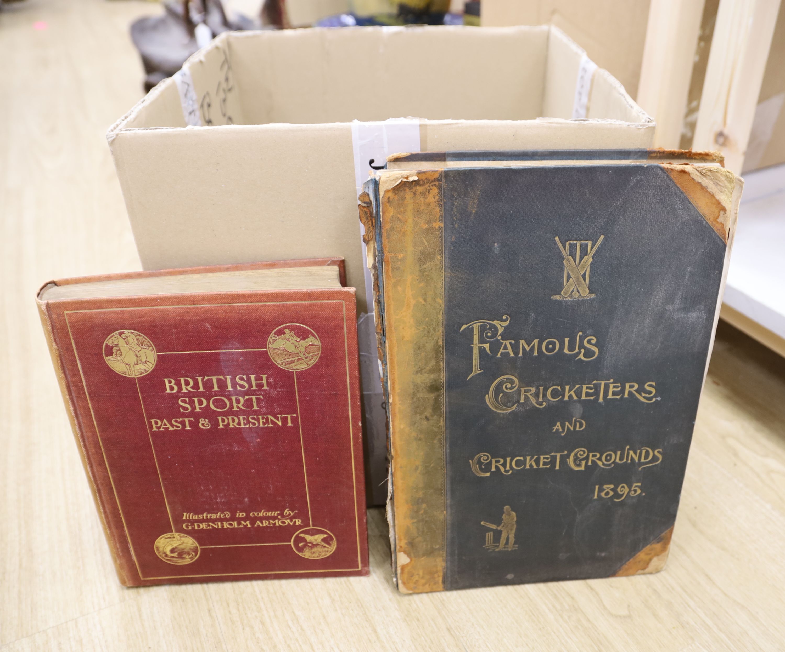 Two sporting related books, five volumes of modern Physician, various novels and collection of auction jewellery catalogues